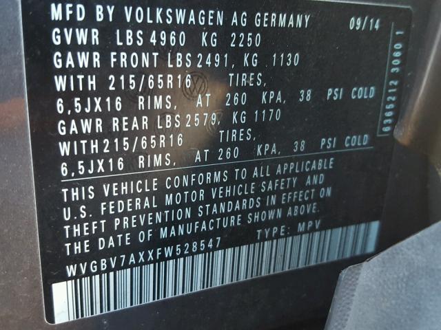 WVGBV7AXXFW528547 - 2015 VOLKSWAGEN TIGUAN S GRAY photo 10