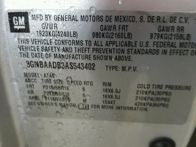 3GNBAADB3AS543402 - 2010 CHEVROLET HHR LS SILVER photo 10