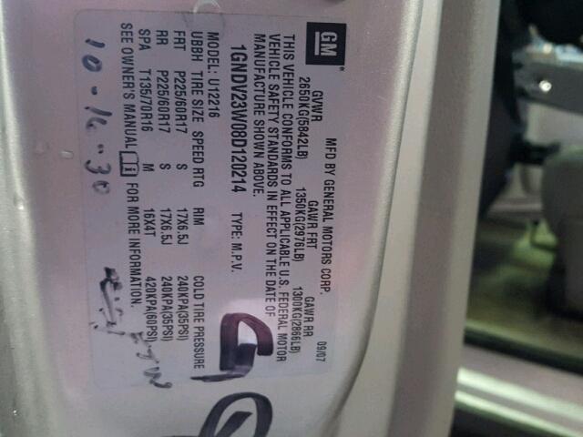 1GNDV23W08D120214 - 2008 CHEVROLET UPLANDER L 银色 照片 10