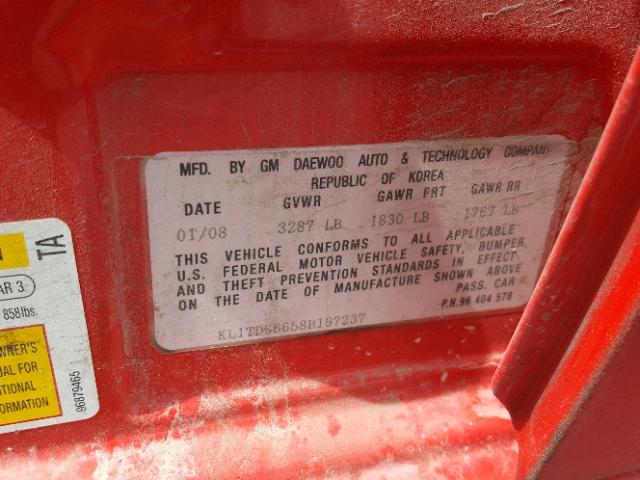 KL1TD66658B197237 - 2008 CHEVROLET AVEO BASE Қызыл фото 10