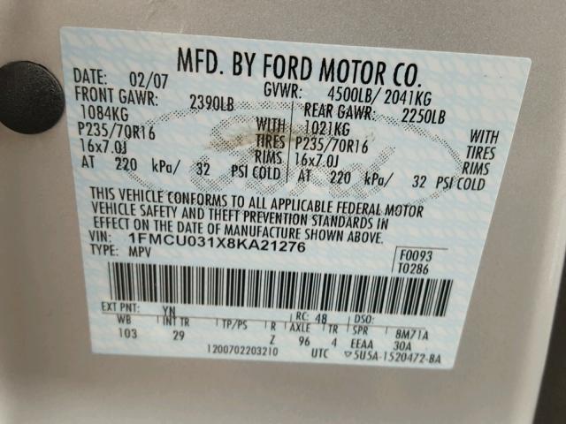 1FMCU031X8KA21276 - 2008 FORD ESCAPE SILVER photo 10