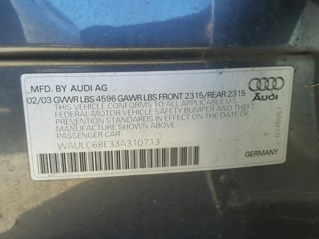 WAULC68E33A310713 - 2003 AUDI A4 1.8T QU GRAY photo 10