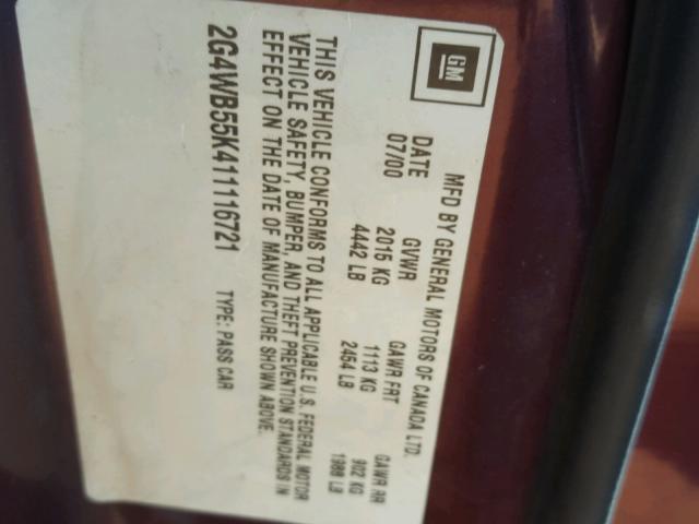 2G4WB55K411116721 - 2001 BUICK REGAL LS MAROON photo 10