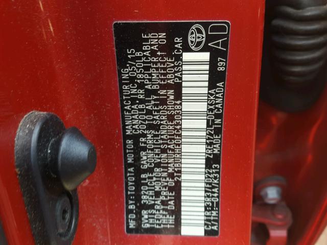 2T1BURHE0FC430384 - 2015 TOYOTA COROLLA L RED photo 10