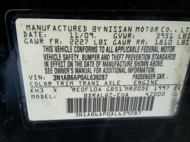 3N1AB6AP0AL639287 - 2010 NISSAN SENTRA BLACK photo 10