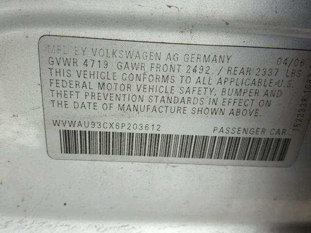 WVWAU93CX6P203612 - 2006 VOLKSWAGEN PASSAT SILVER photo 10