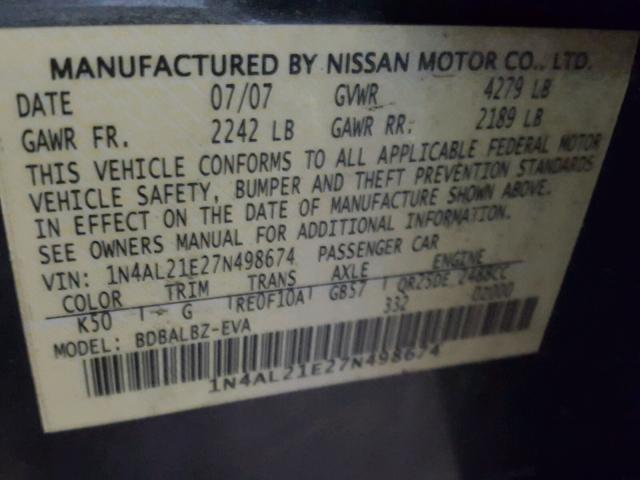 1N4AL21E27N498674 - 2007 NISSAN ALTIMA 2.5 GRAY photo 10