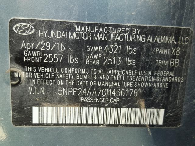 5NPE24AA7GH436176 - 2016 HYUNDAI SONATA ECO BLUE photo 10