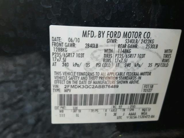 2FMDK3GC2ABB76489 - 2010 FORD EDGE SE BLACK photo 10