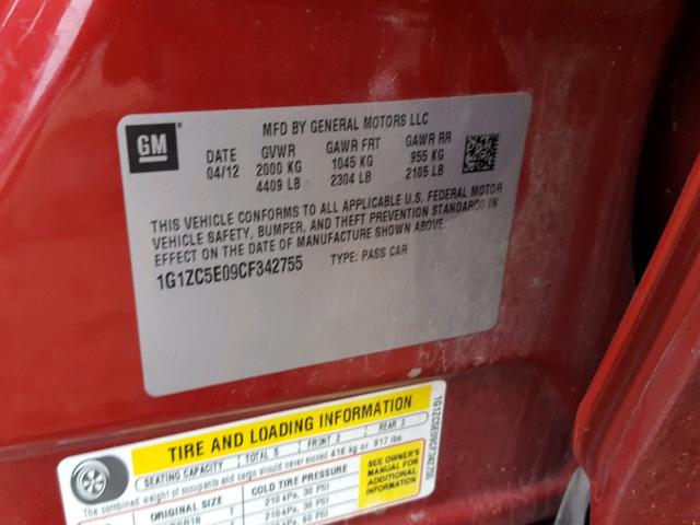 1G1ZC5E09CF342755 - 2012 CHEVROLET MALIBU 1LT RED photo 10