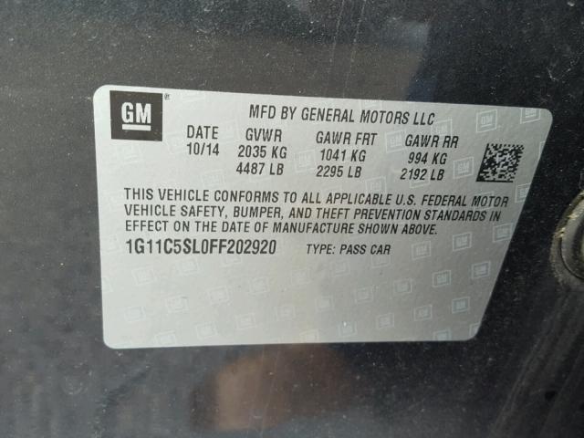 1G11C5SL0FF202920 - 2015 CHEVROLET MALIBU 1LT გრაფიტი ფოტო 10