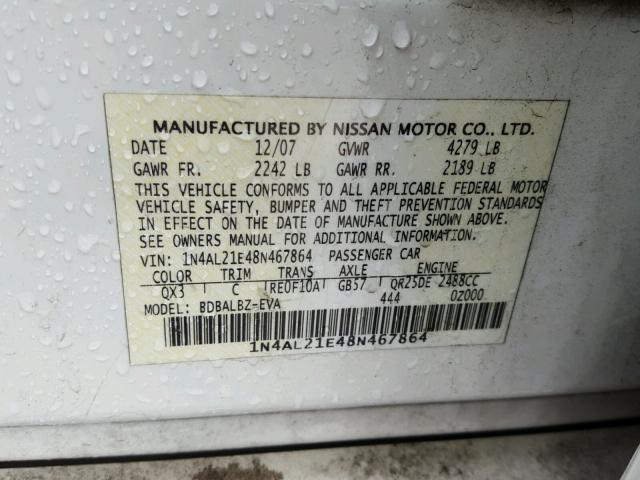 1N4AL21E48N467864 - 2008 NISSAN ALTIMA 2.5 WHITE photo 10