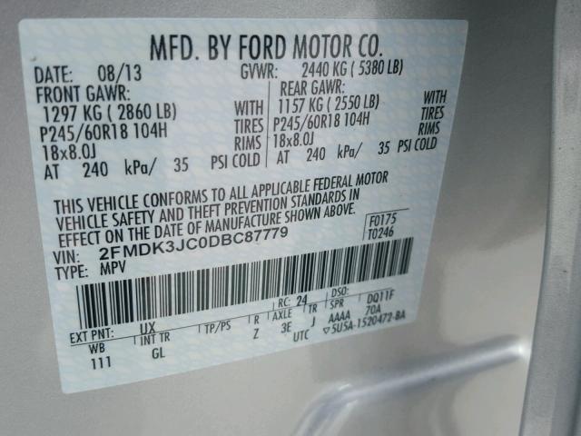 2FMDK3JC0DBC87779 - 2013 FORD EDGE Сріблястий фото 10