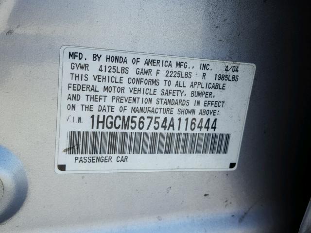 1HGCM56754A116444 - 2004 HONDA ACCORD EX 银色 照片 10