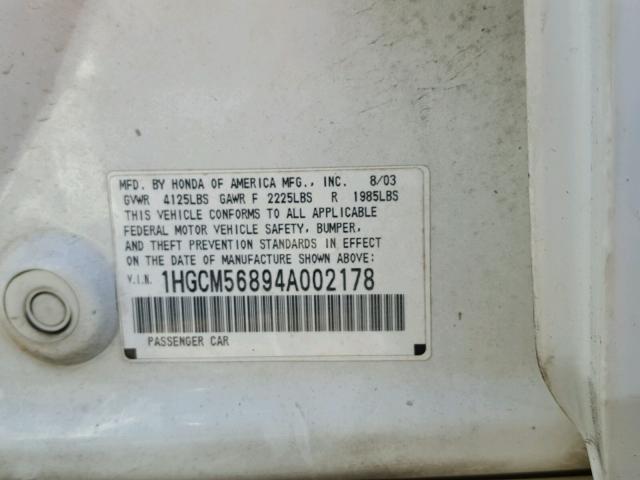 1HGCM56894A002178 - 2004 HONDA ACCORD EX WHITE photo 10