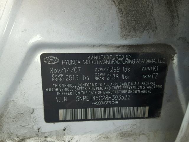 5NPET46C28H393522 - 2008 HYUNDAI SONATA GLS SILVER photo 10