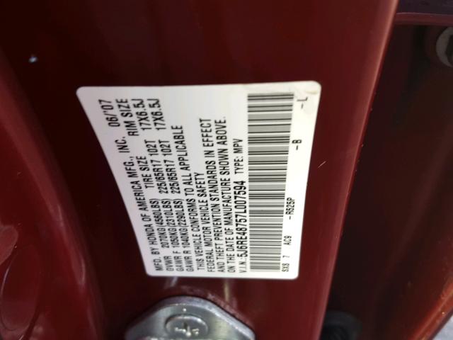 5J6RE48757L007594 - 2007 HONDA CR-V EXL MAROON photo 10