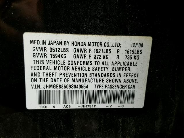 JHMGE88609S040554 - 2009 HONDA FIT BLACK photo 10