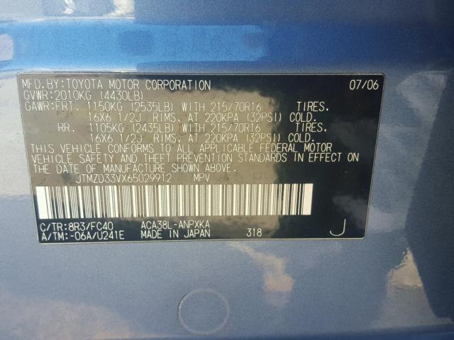 JTMZD33VX65029912 - 2006 TOYOTA RAV4 蓝色 照片 10