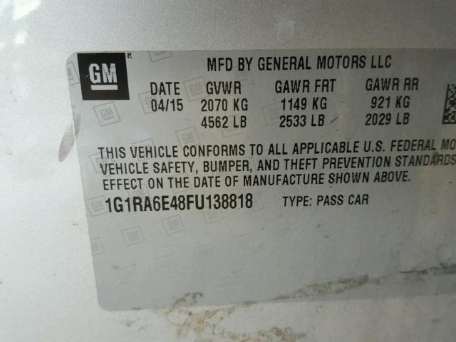 1G1RA6E48FU138818 - 2015 CHEVROLET VOLT GRAY photo 10