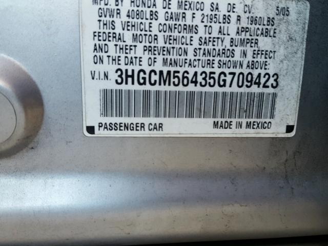 3HGCM56435G709423 - 2005 HONDA ACCORD LX SILVER photo 10