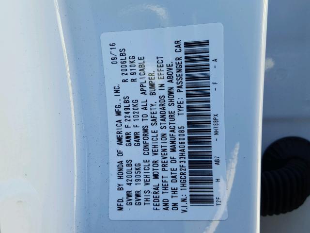 1HGCR2F33HA060085 - 2017 HONDA ACCORD LX WHITE photo 10