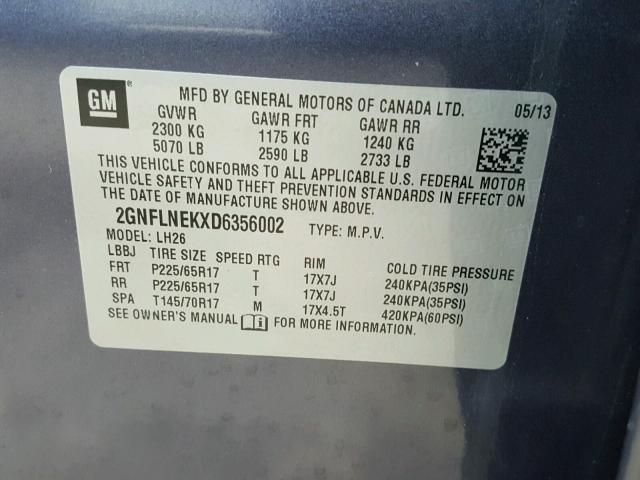 2GNFLNEKXD6356002 - 2013 CHEVROLET EQUINOX LT BLUE photo 10