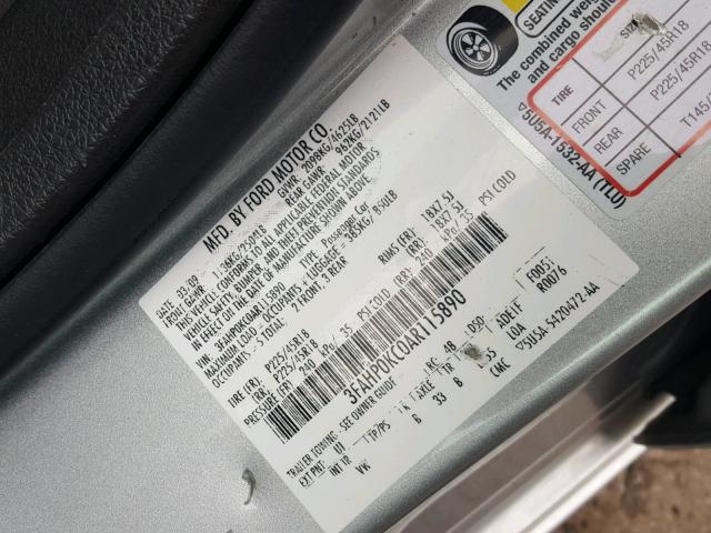 3FAHP0KC0AR115890 - 2010 FORD FUSION SPO SILVER photo 10