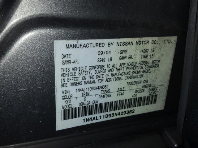 1N4AL11D95N429382 - 2005 NISSAN ALTIMA GRAY photo 10