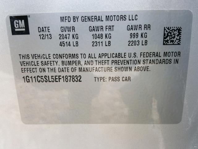 1G11C5SL5EF187832 - 2014 CHEVROLET MALIBU 1LT ნაცრისფერი ფოტო 10
