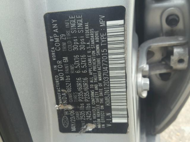 KM8JN12D37U477015 - 2007 HYUNDAI TUCSON SE SILVER photo 10