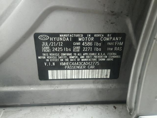 KMHEC4A43CA042775 - 2012 HYUNDAI SONATA HYB SILVER photo 10