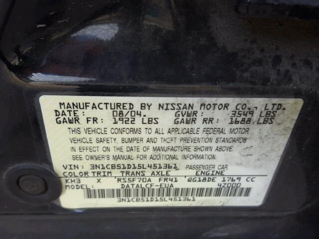 3N1CB51D15L451361 - 2005 NISSAN SENTRA 1.8 BLACK photo 10