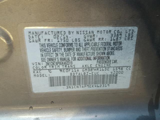 3N1CN7AP9EK462319 - 2014 NISSAN VERSA S GRAY photo 10