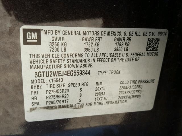 3GTU2WEJ4EG559344 - 2014 GMC SIERRA K15 CHARCOAL photo 10