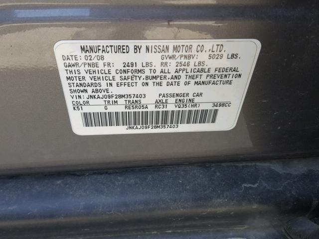 JNKAJ09F28M357403 - 2008 INFINITI EX35 BASE GRAY photo 10