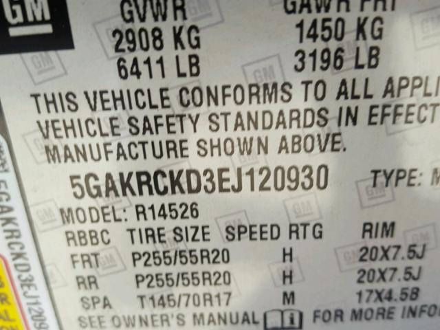 5GAKRCKD3EJ120930 - 2014 BUICK ENCLAVE GRAY photo 10