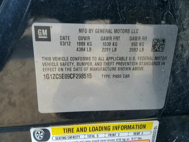 1G1ZC5E09CF298515 - 2012 CHEVROLET MALIBU 1LT შავი ფოტო 10