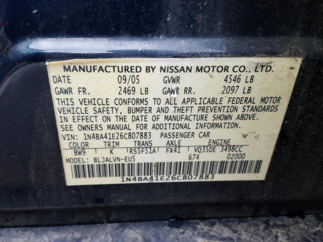 1N4BA41E26C807883 - 2006 NISSAN MAXIMA SE BLUE photo 10