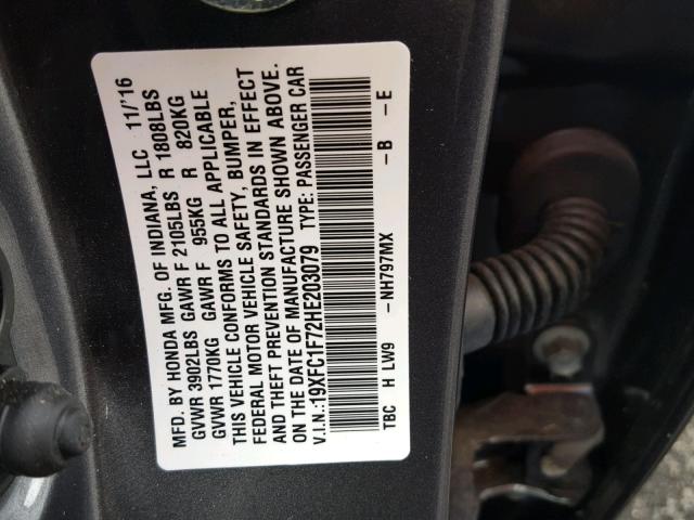 19XFC1F72HE203079 - 2017 HONDA CIVIC EXL 灰色 照片 10
