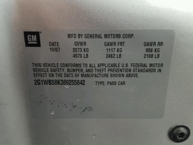 2G1WB58K389255842 - 2008 CHEVROLET IMPALA LS SILVER photo 10