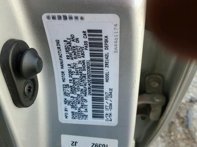 1NXBU40E39Z008031 - 2009 TOYOTA COROLLA BA SILVER photo 10