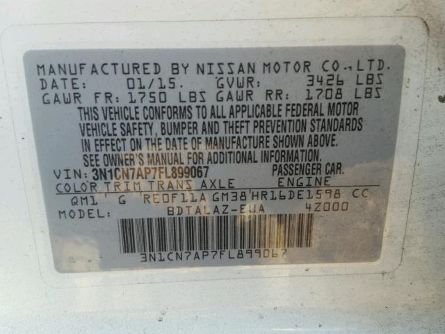 3N1CN7AP7FL899067 - 2015 NISSAN VERSA S WHITE photo 10