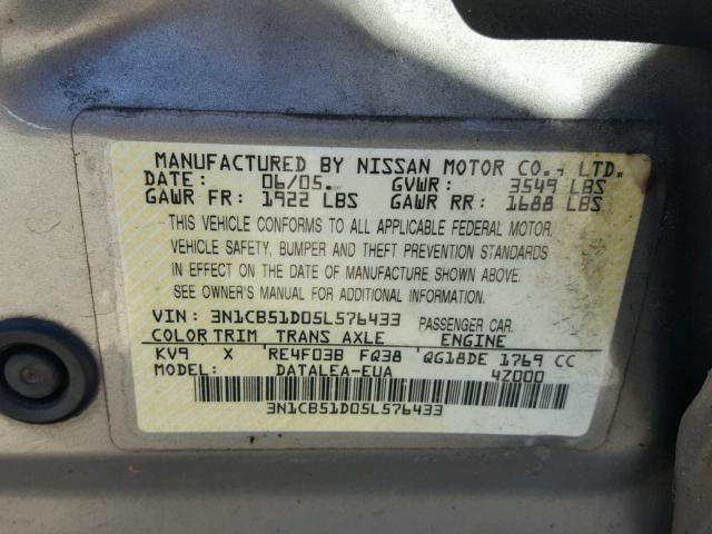 3N1CB51D05L576433 - 2005 NISSAN SENTRA BEIGE photo 10