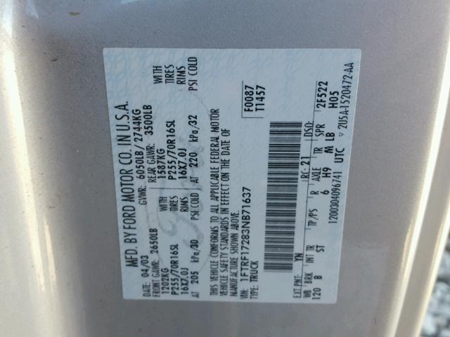 1FTRF17283NB71637 - 2003 FORD F150 SILVER photo 10