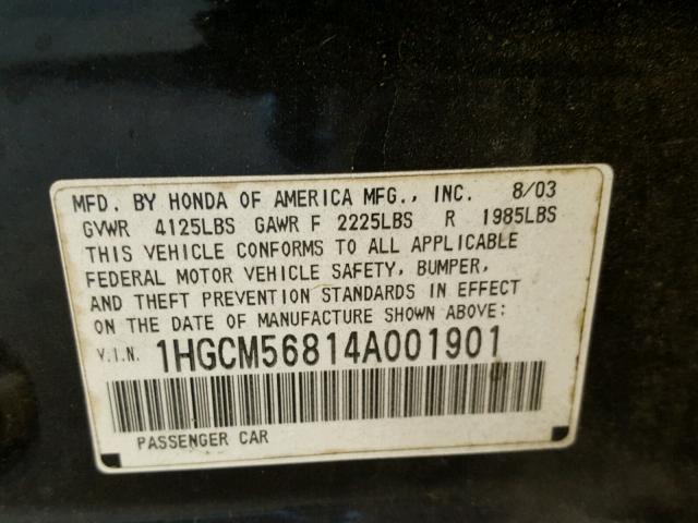 1HGCM56814A001901 - 2004 HONDA ACCORD EX BLACK photo 10