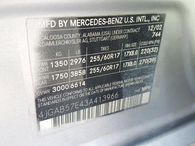 4JGAB57E43A413966 - 2003 MERCEDES-BENZ ML 350 SILVER photo 10