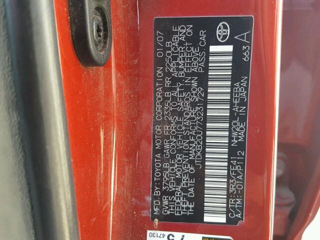 JTDKB20U773231729 - 2007 TOYOTA PRIUS RED photo 10