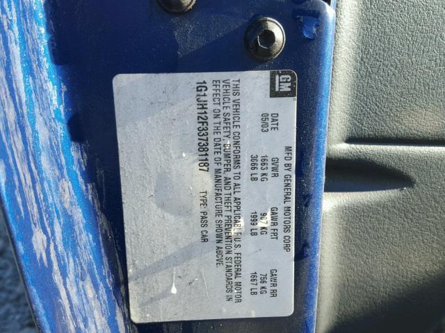 1G1JH12F337381187 - 2003 CHEVROLET CAVALIER BLUE photo 10