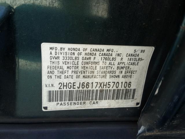 2HGEJ6617XH570106 - 1999 HONDA CIVIC BASE GREEN photo 10